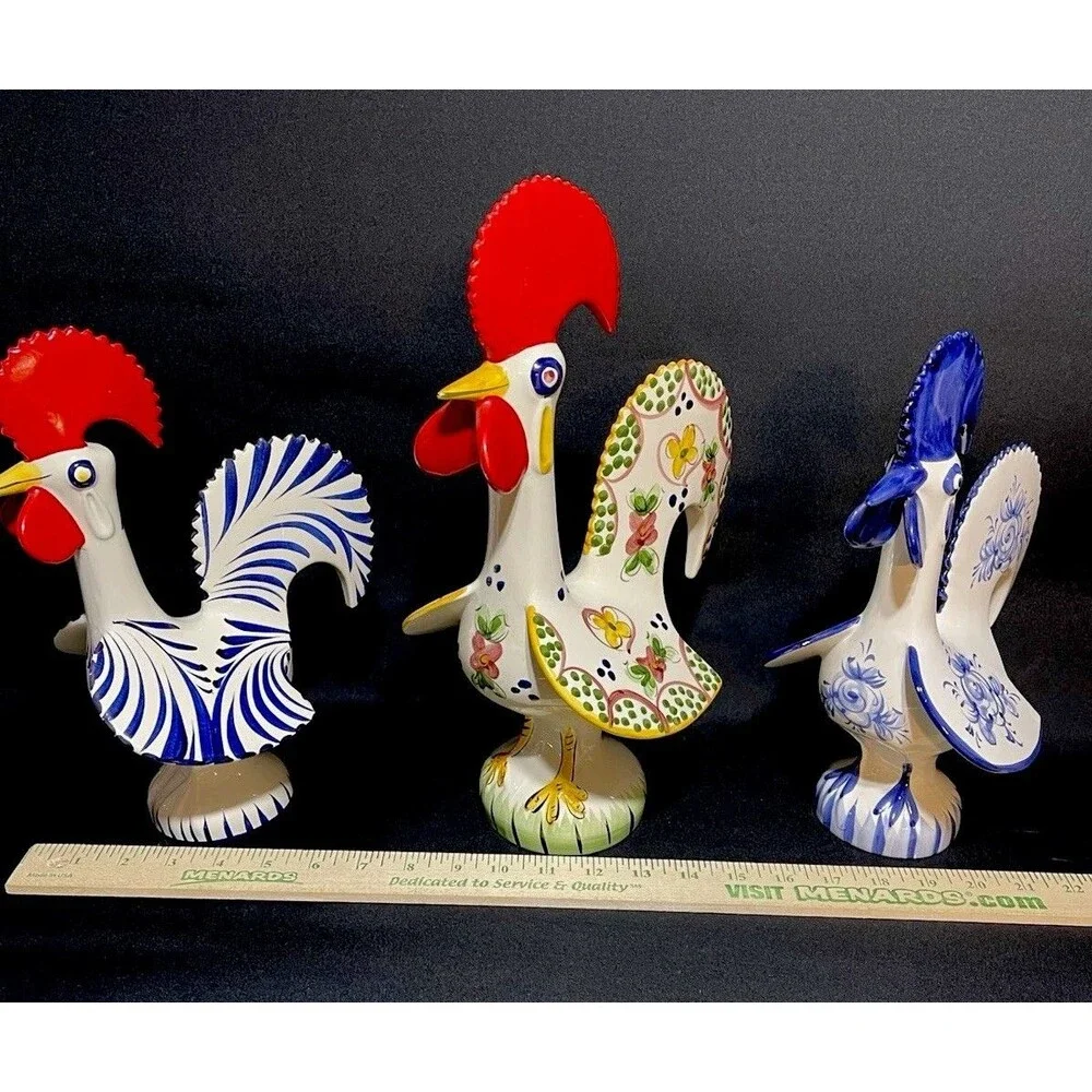 3 Vintage Hand Painted Barcelos Portugese Ceramic Good Luck Roosters Perfect Con